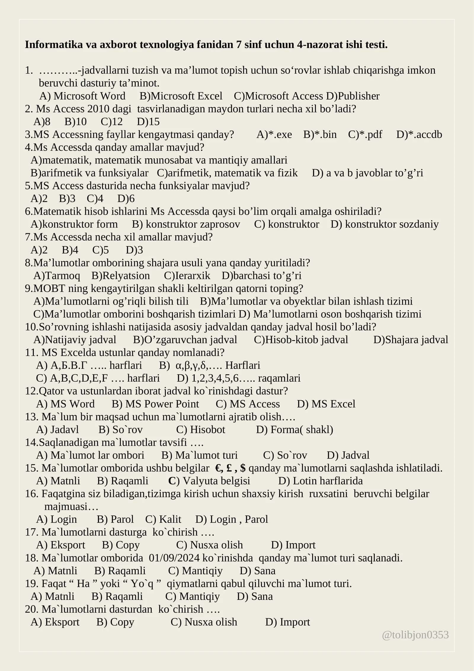 Informatika va axborot texnologiya fanidan 7 sinf uchun 4-nazorat ishi testi 1