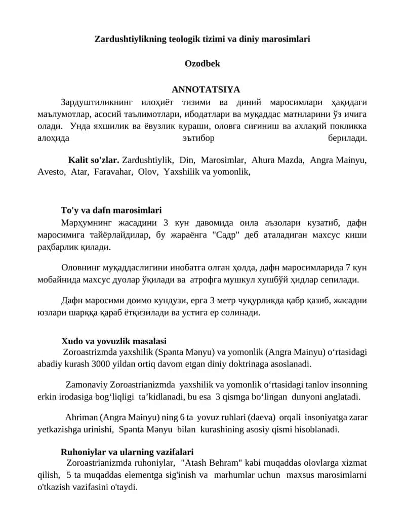 Zardushtiylikning teologik tizimi va diniy marosimlari 1