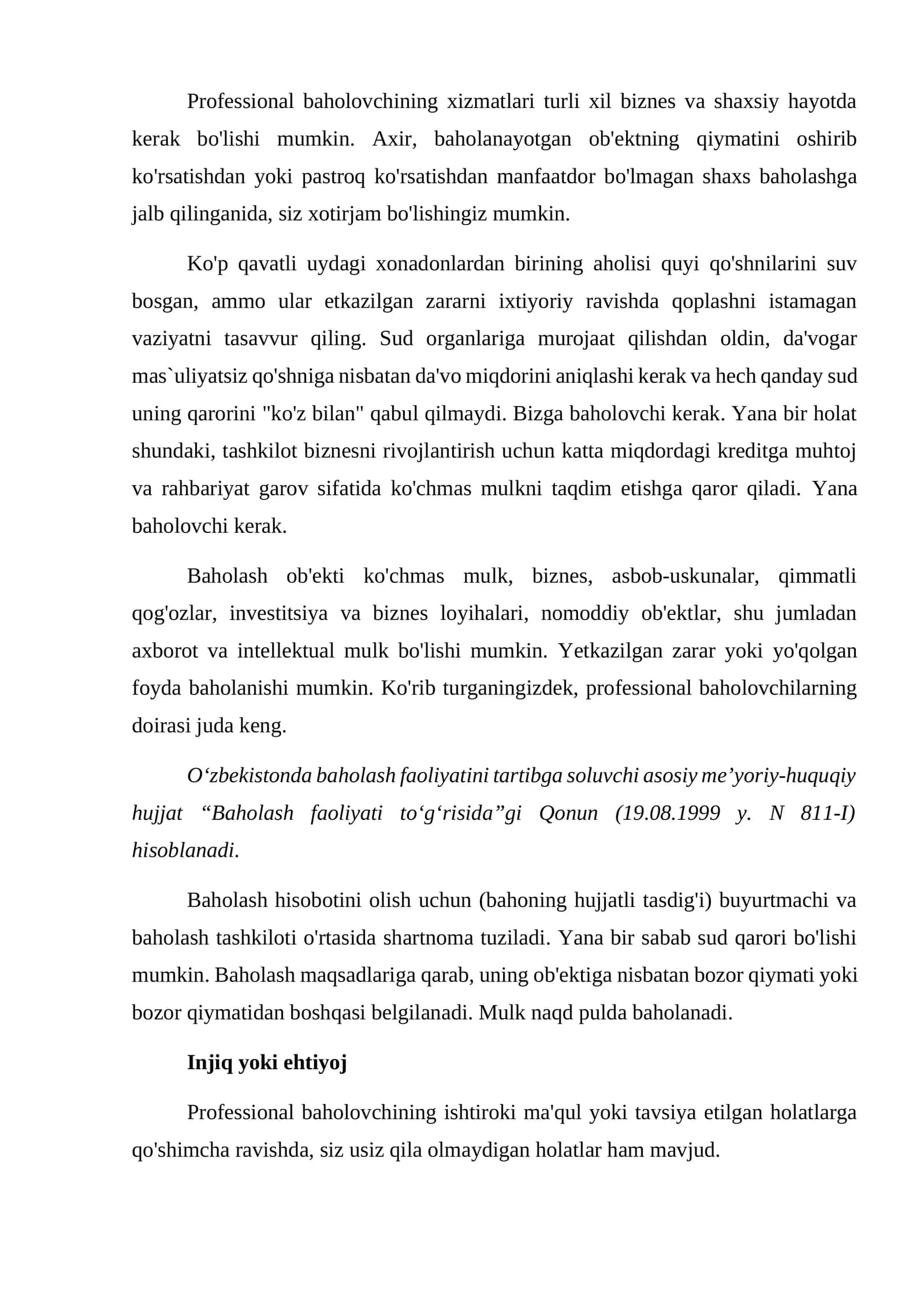 Professional baholovchining xizmatlari 1