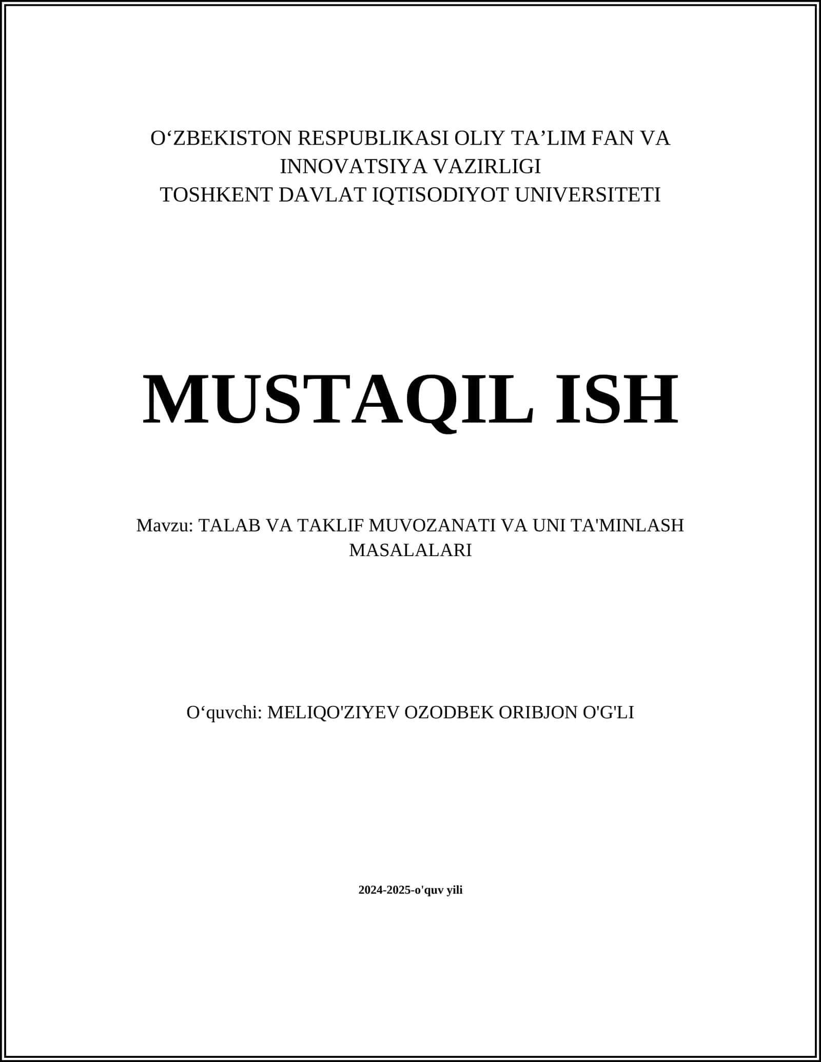 TALAB VA TAKLIF MUVOZANATI VA UNI TA'MINLASH MASALALARI 1
