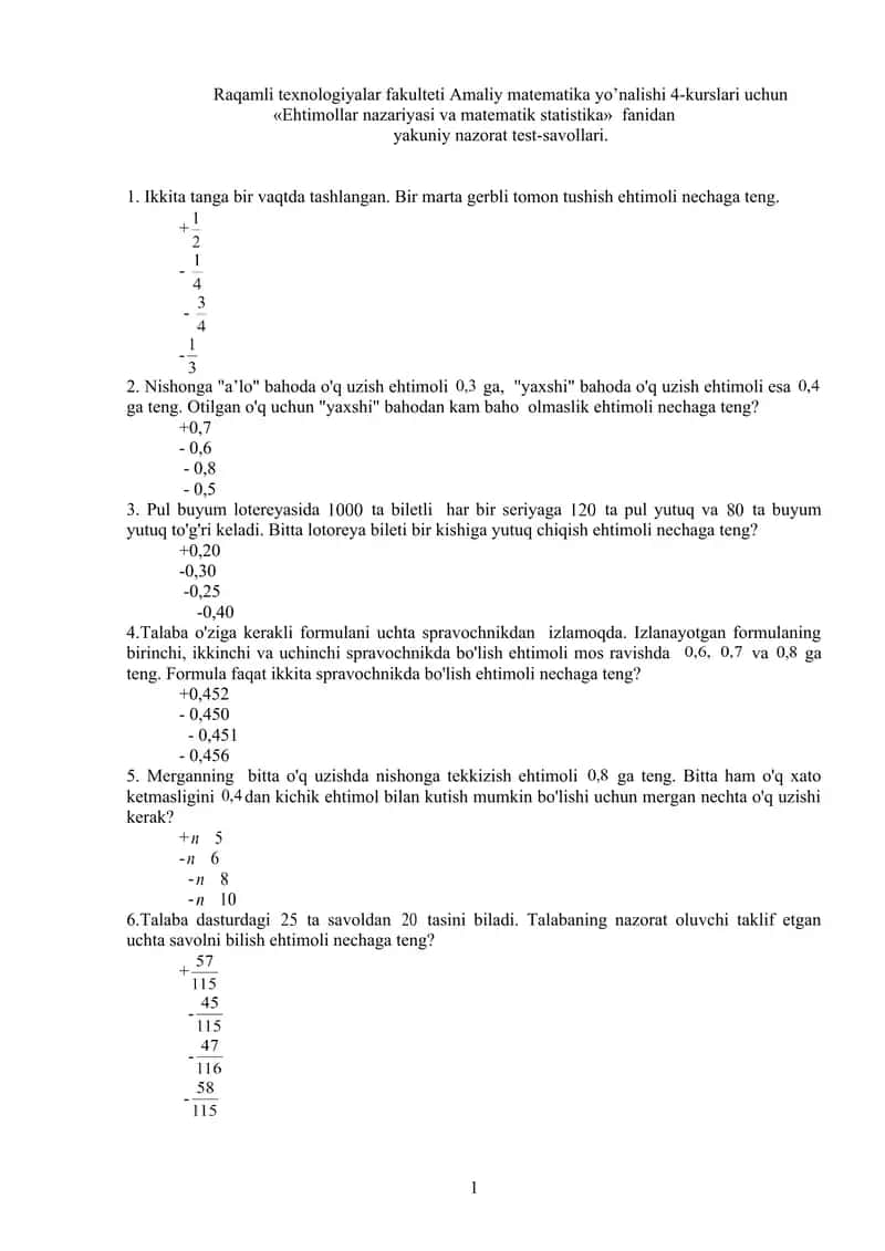 Ehtimollar nazariyasi va matematik statistika 1