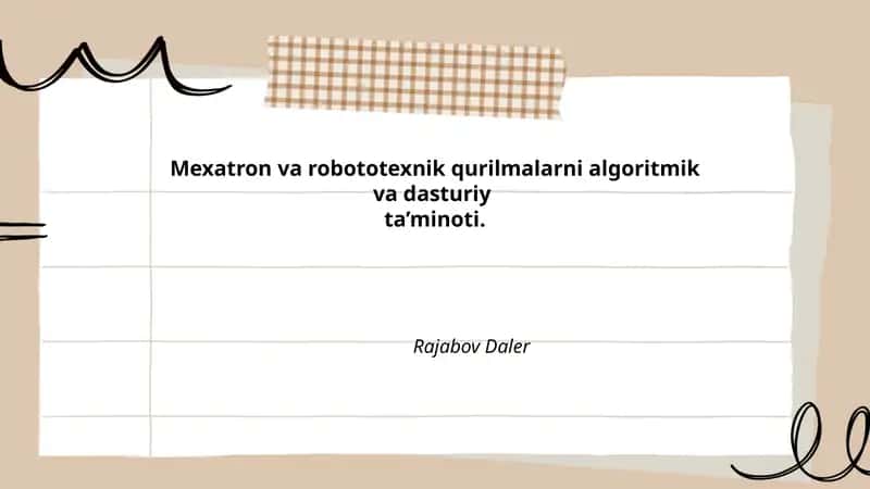Mexatron va robototexnik qurilmalarni algoritmik va dasturiy ta’minoti. 1