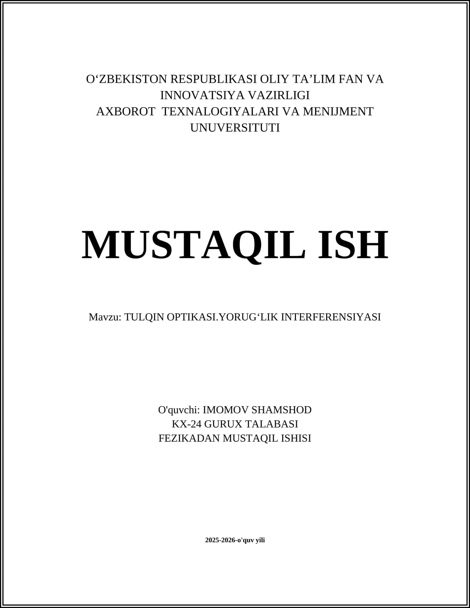 TULQIN OPTIKASI.YORUGʻLIK INTERFERENSIYASI 1