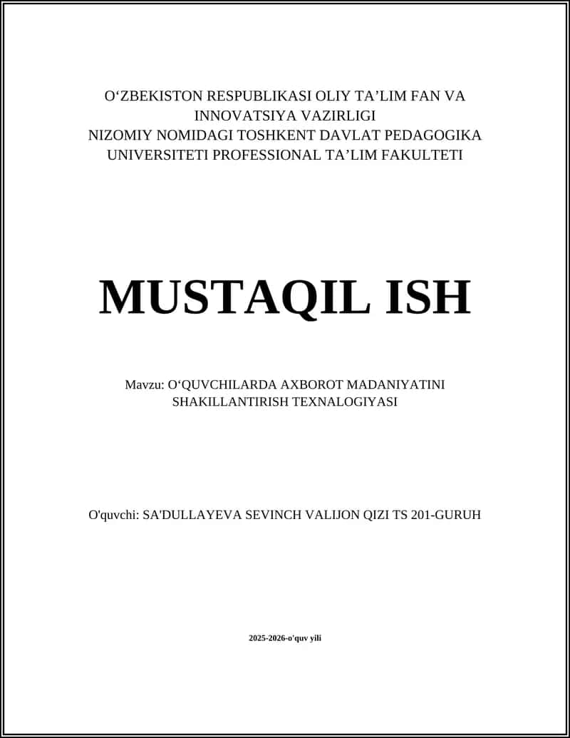 OʻQUVCHILARDA AXBOROT MADANIYATINI SHAKILLANTIRISH TEXNALOGIYASI 1
