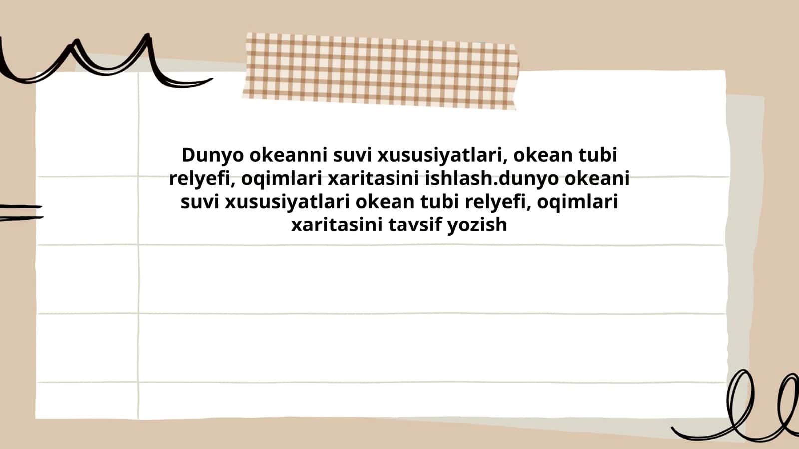 Dunyo okeanni suvi xususiyatlari, okean tubi relyefi, oqimlari xaritasini ishlash 1