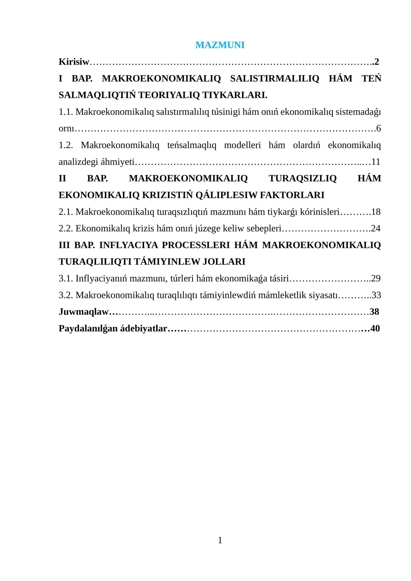 MAKROEKONOMIKALIQ SALISTIRMALILIQ HÁM TEŃ SALMAQLIQTIŃ TEORIYALIQ TIYKARLARI 1