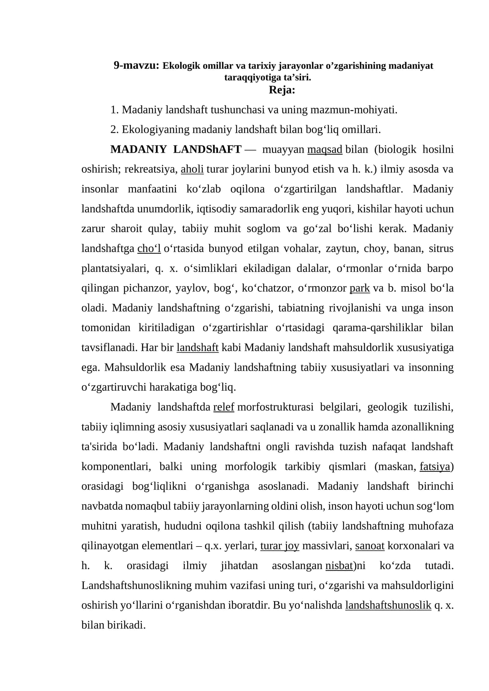 Ekologik omillar va tarixiy jarayonlar oʼzgarishining madaniyat taraqqiyotiga taʼsiri 1