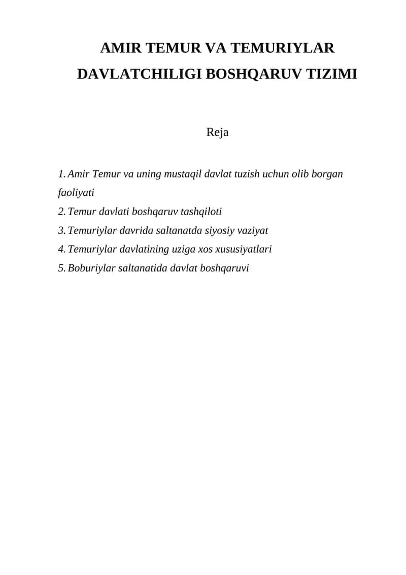 AMIR TEMUR VA TEMURIYLAR DAVLATCHILIGI BOSHQARUV TIZIMI 1