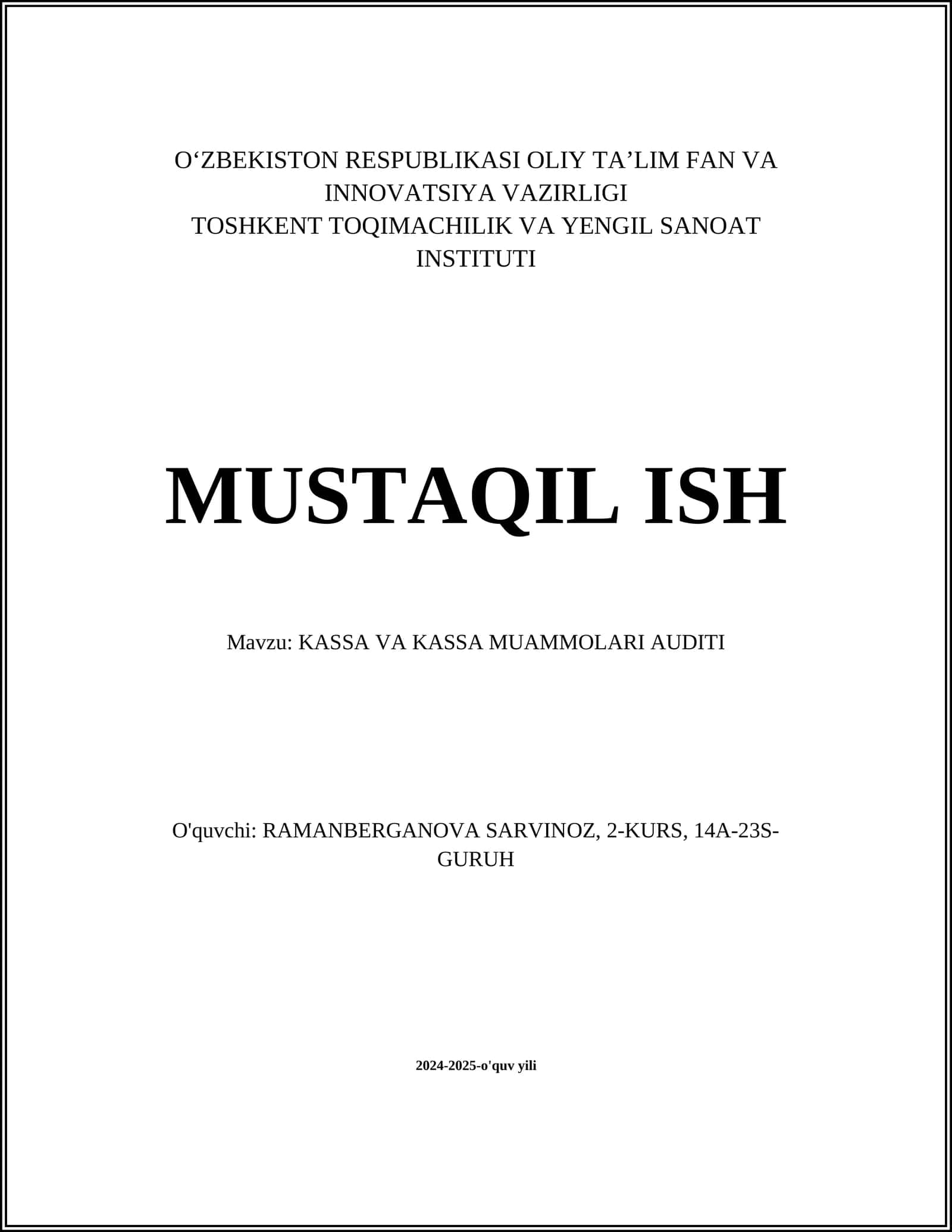 Kassa va Kassa muammosi Auditi 1