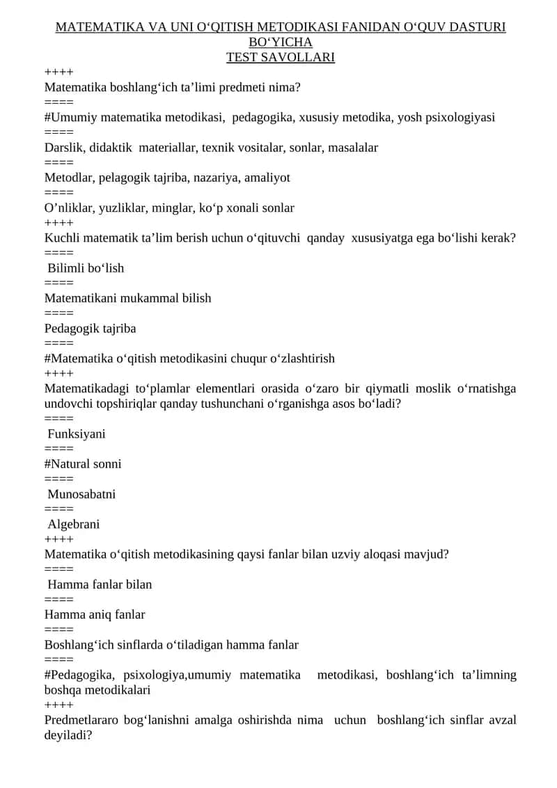 Matematika va uni o‘qitish metodikasi fanidan o‘quv dasturi bo‘yicha test savollari 1