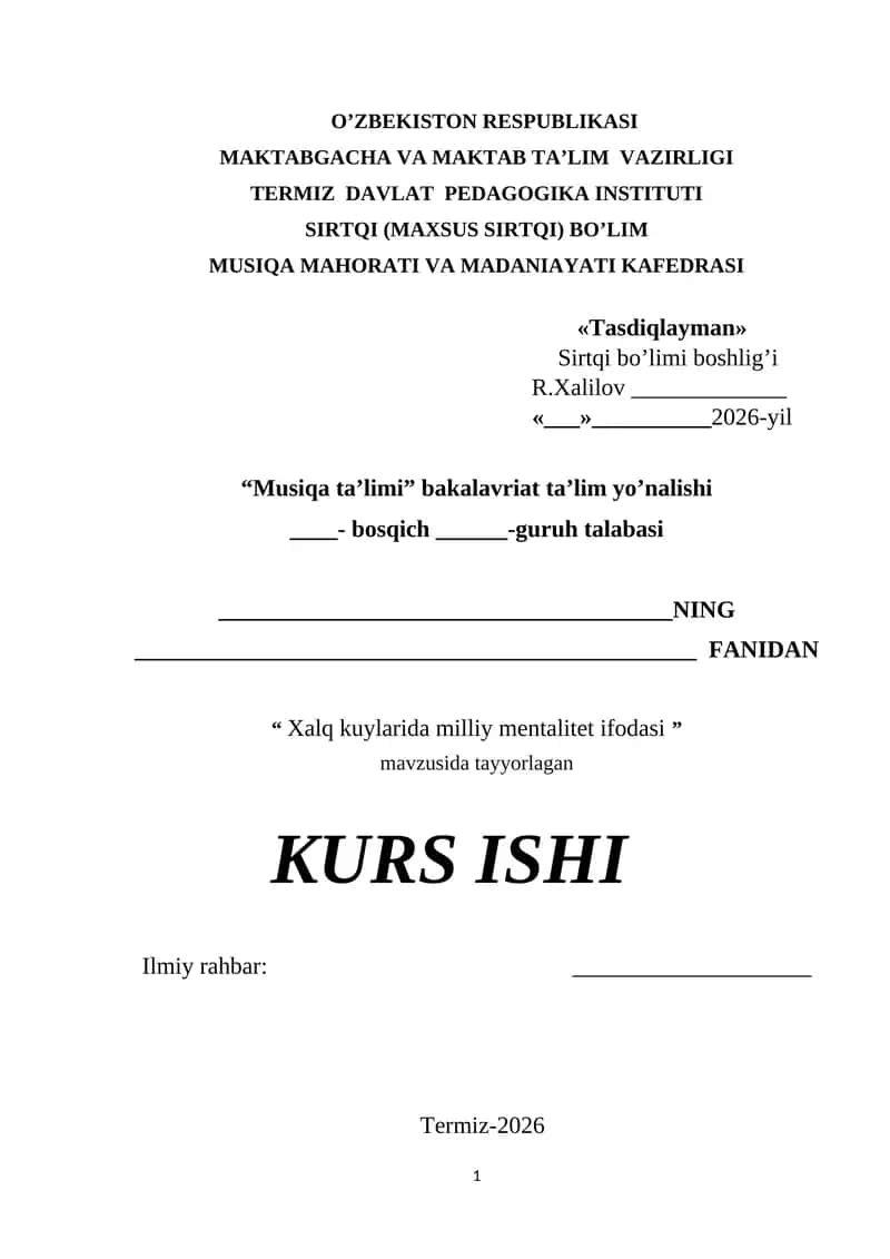 KURS ISHI "Xalq kuylarida milliy mentalitet ifodasi" 1