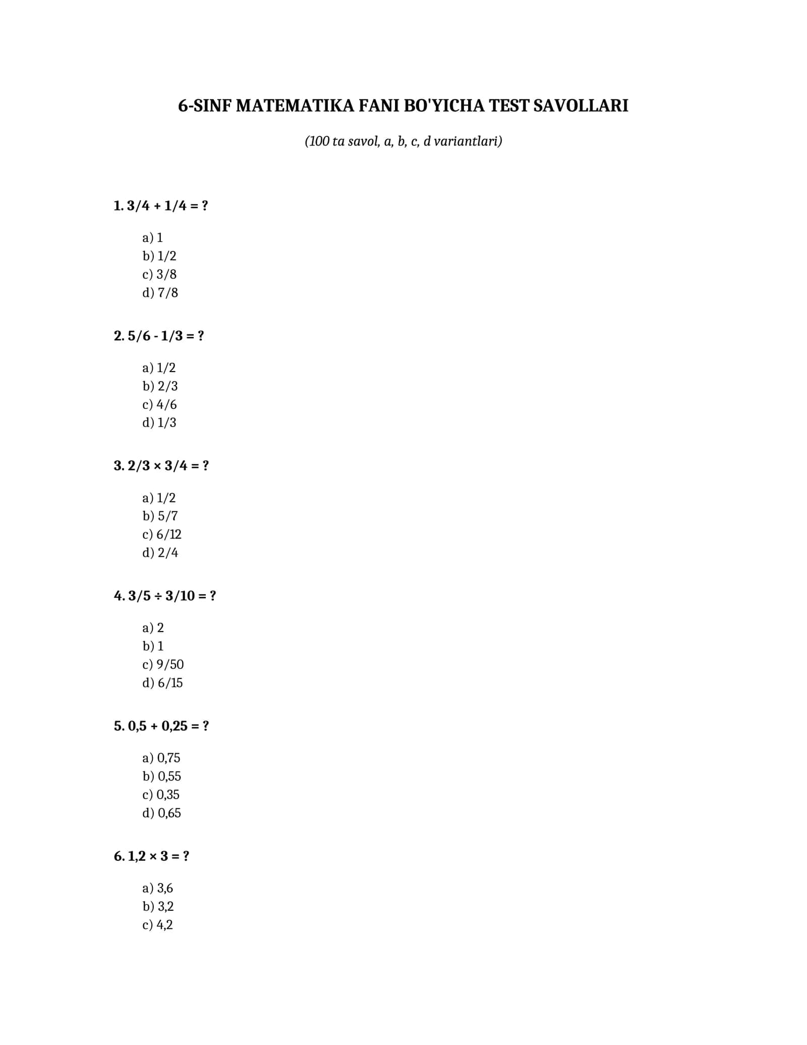 6-SINF MATEMATIKA FANI BO'YICHA TEST SAVOLLARI 1