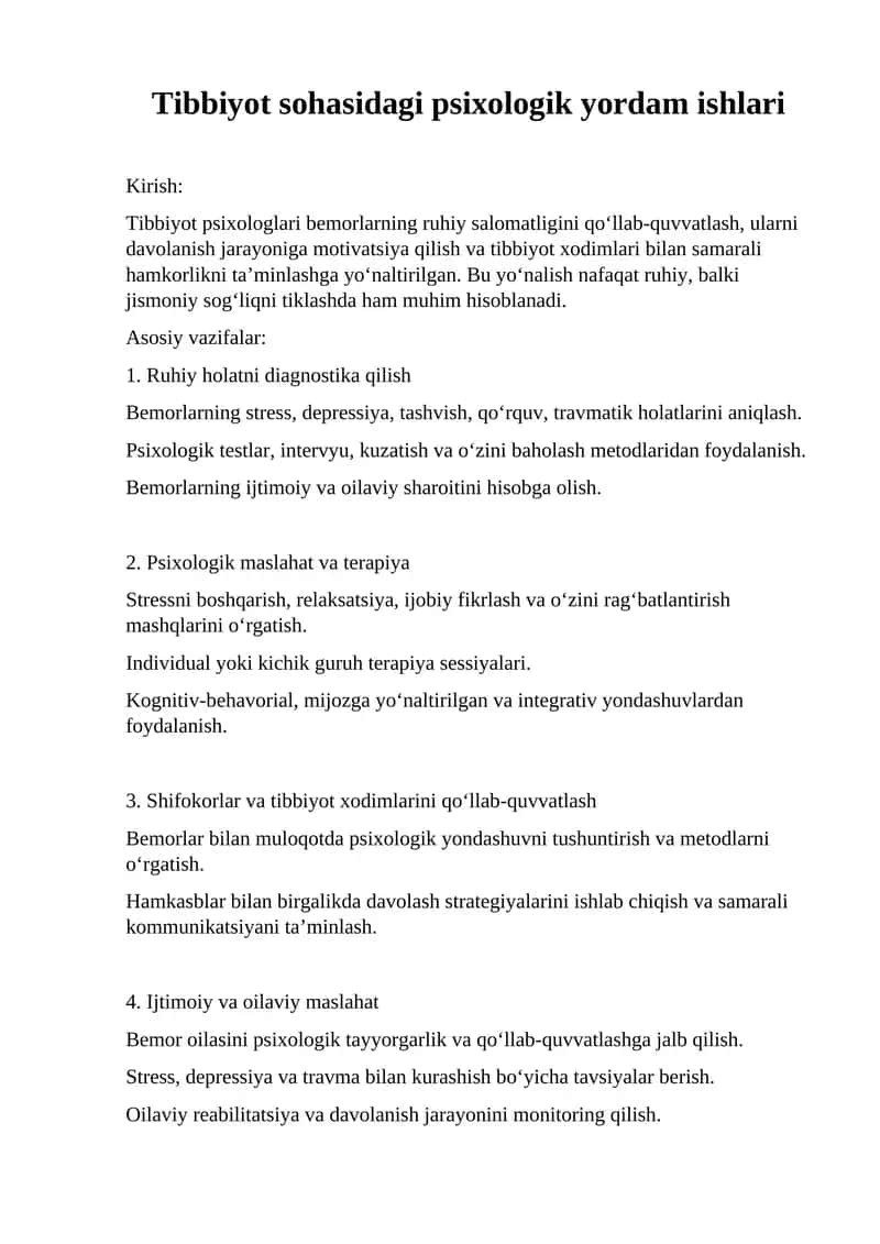 Tibbiyot sohasidagi psixologik yordam ishlari 1