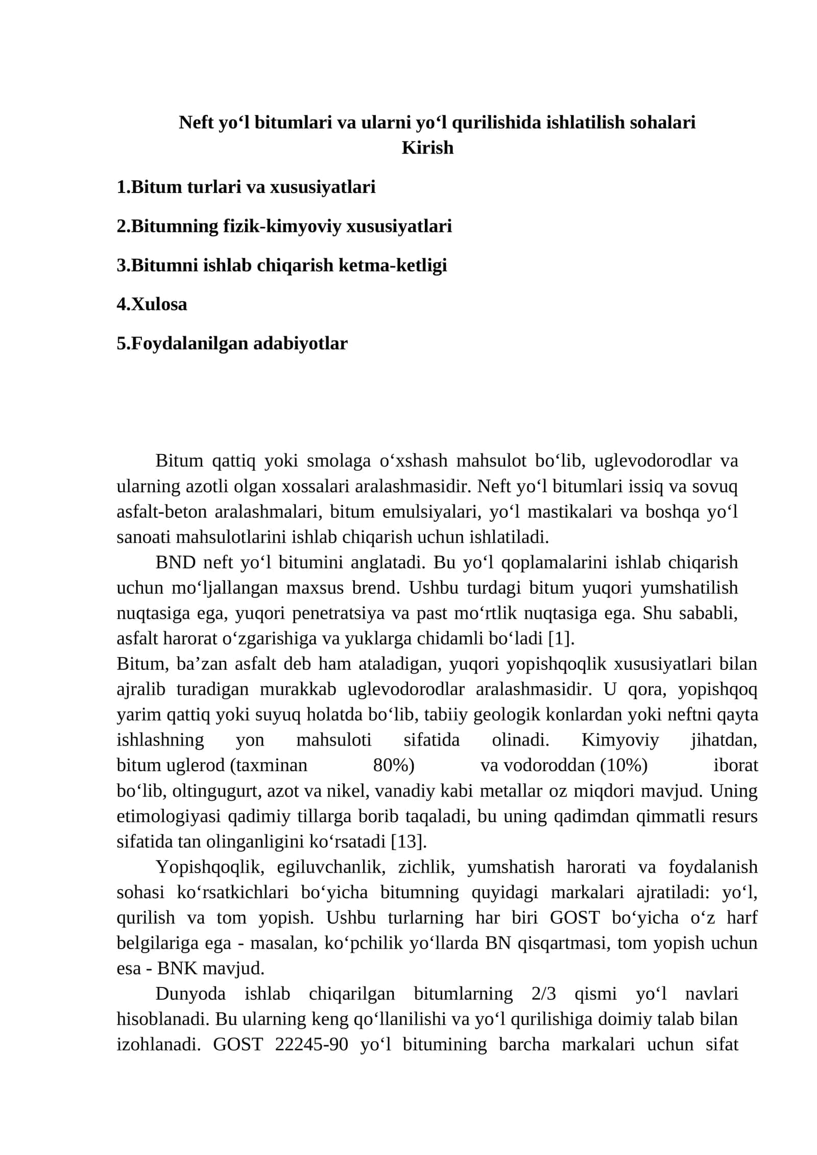 Neft yo‘l bitumlari va ularni yo‘l qurilishida ishlatilish sohalari 1