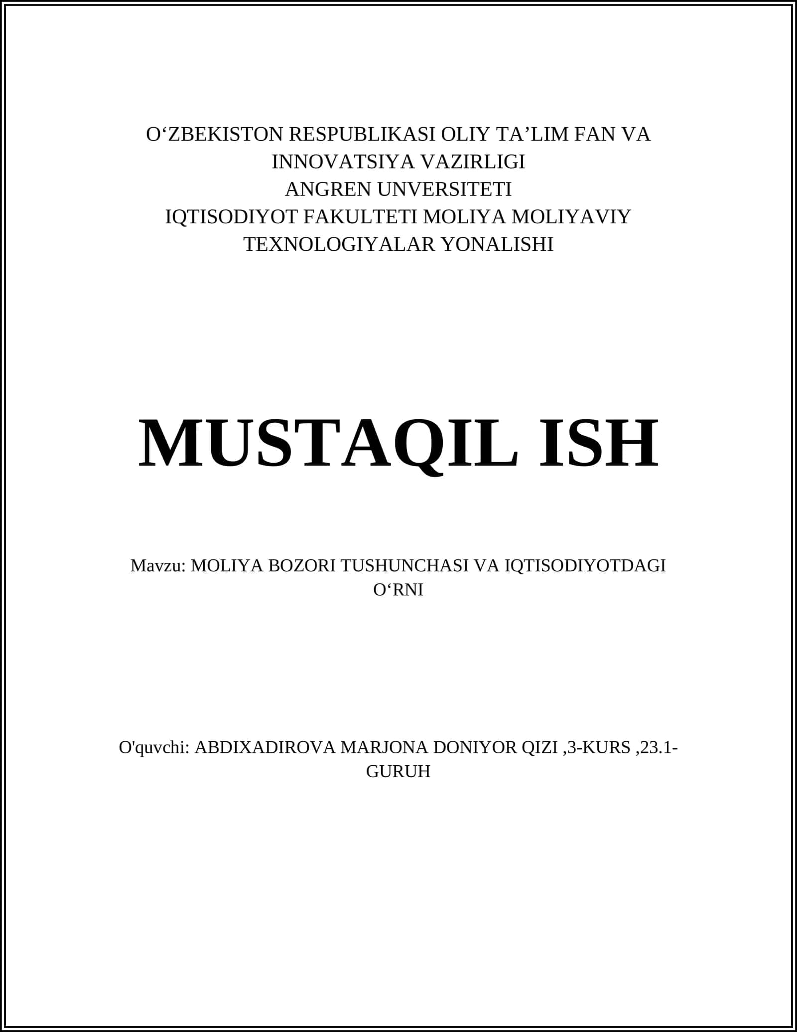 Moliya Bozori Tushunchasi va Iqtisodiyotdagi O‘rni 1