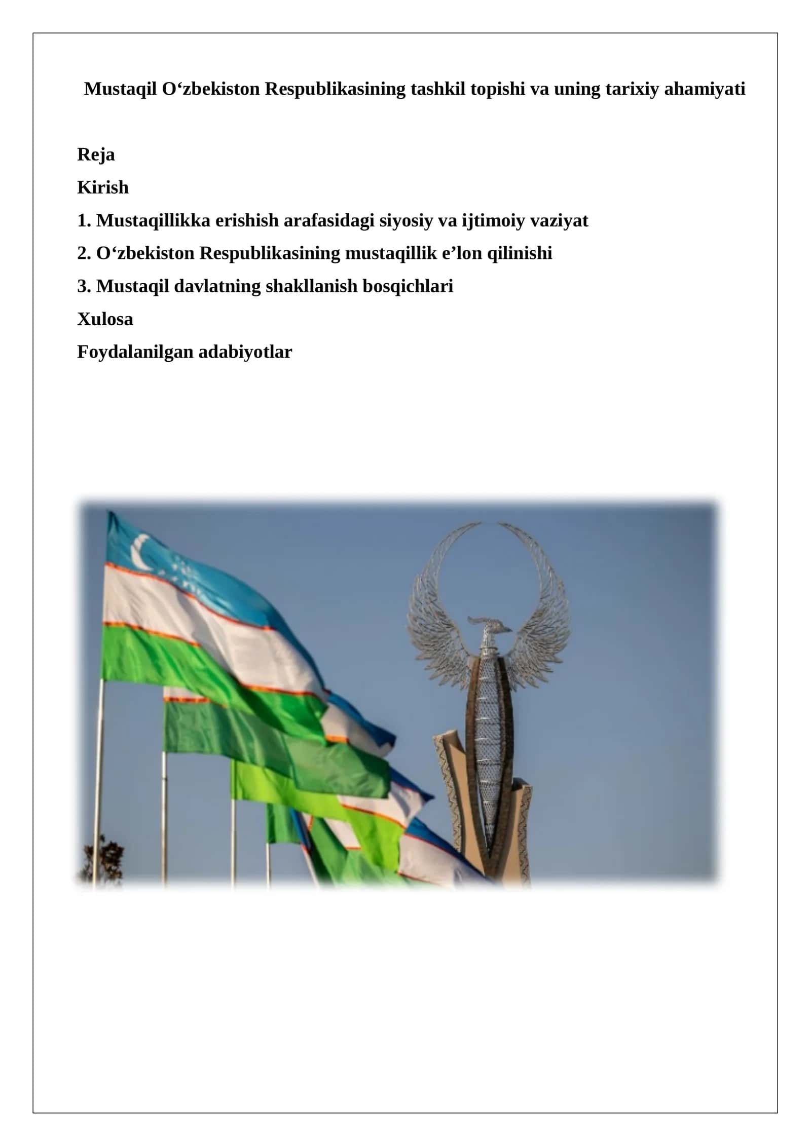 Mustaqil O‘zbekiston Respublikasining tashkil topishi va uning tarixiy ahamiyati 1