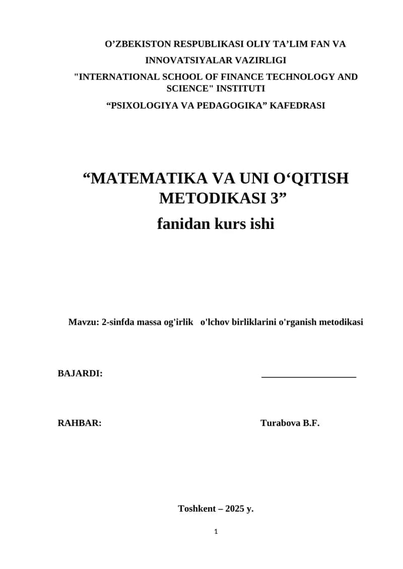 MATEMATIKA VA UNI O‘QITISH METODIKASI 3 1