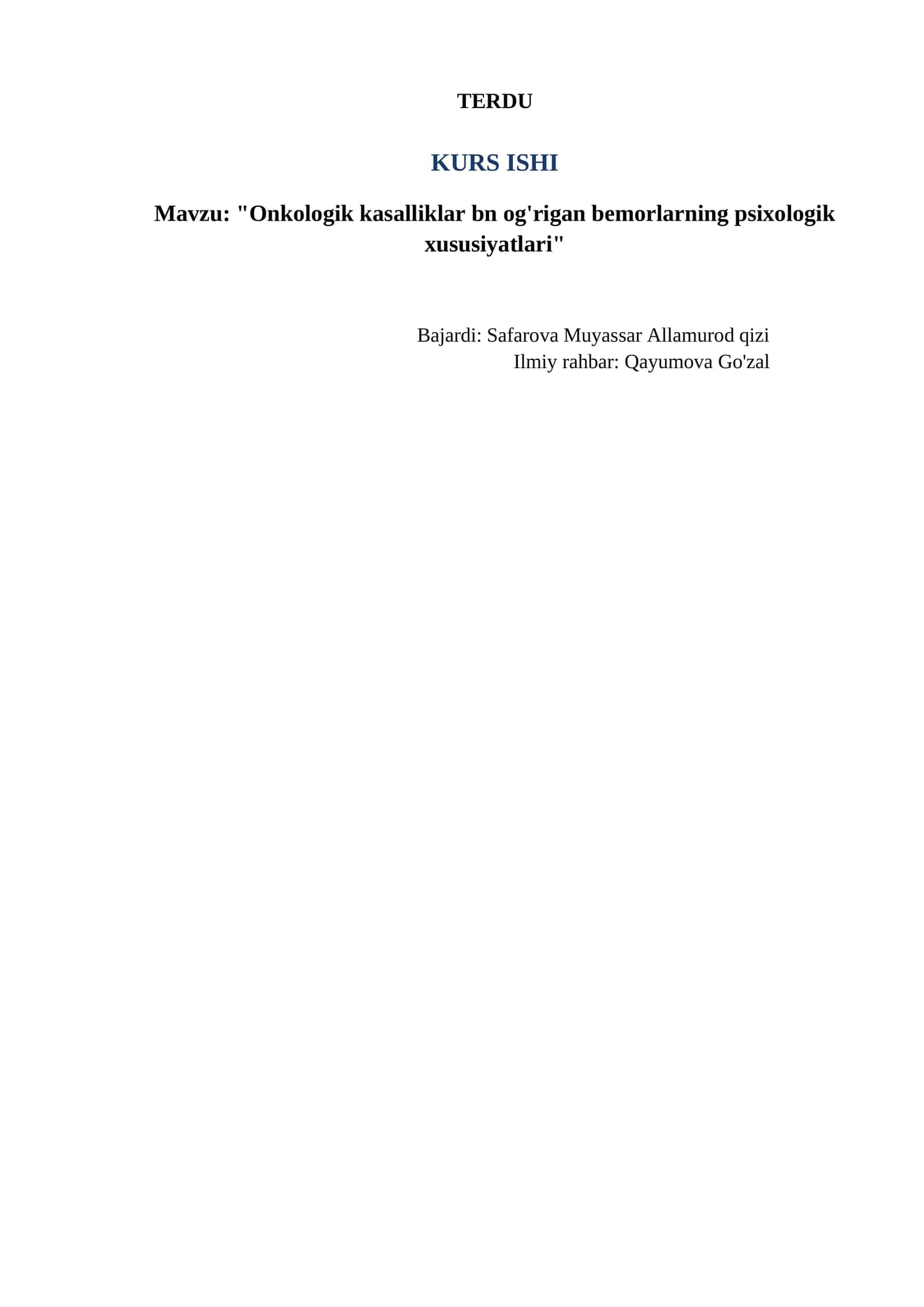 "Onkologik kasalliklar bn og'rigan bemorlarning psixologik xususiyatlari" 1