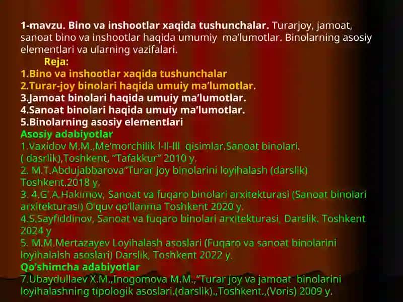 Bino va inshootlar xaqida tushunchalar