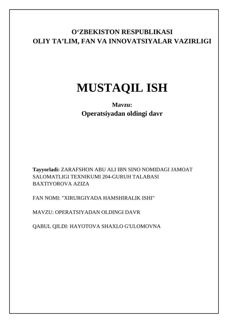 "Operatsiyadan oldingi davr: Bemorning baholanishi va xavflarni aniqlash" 1