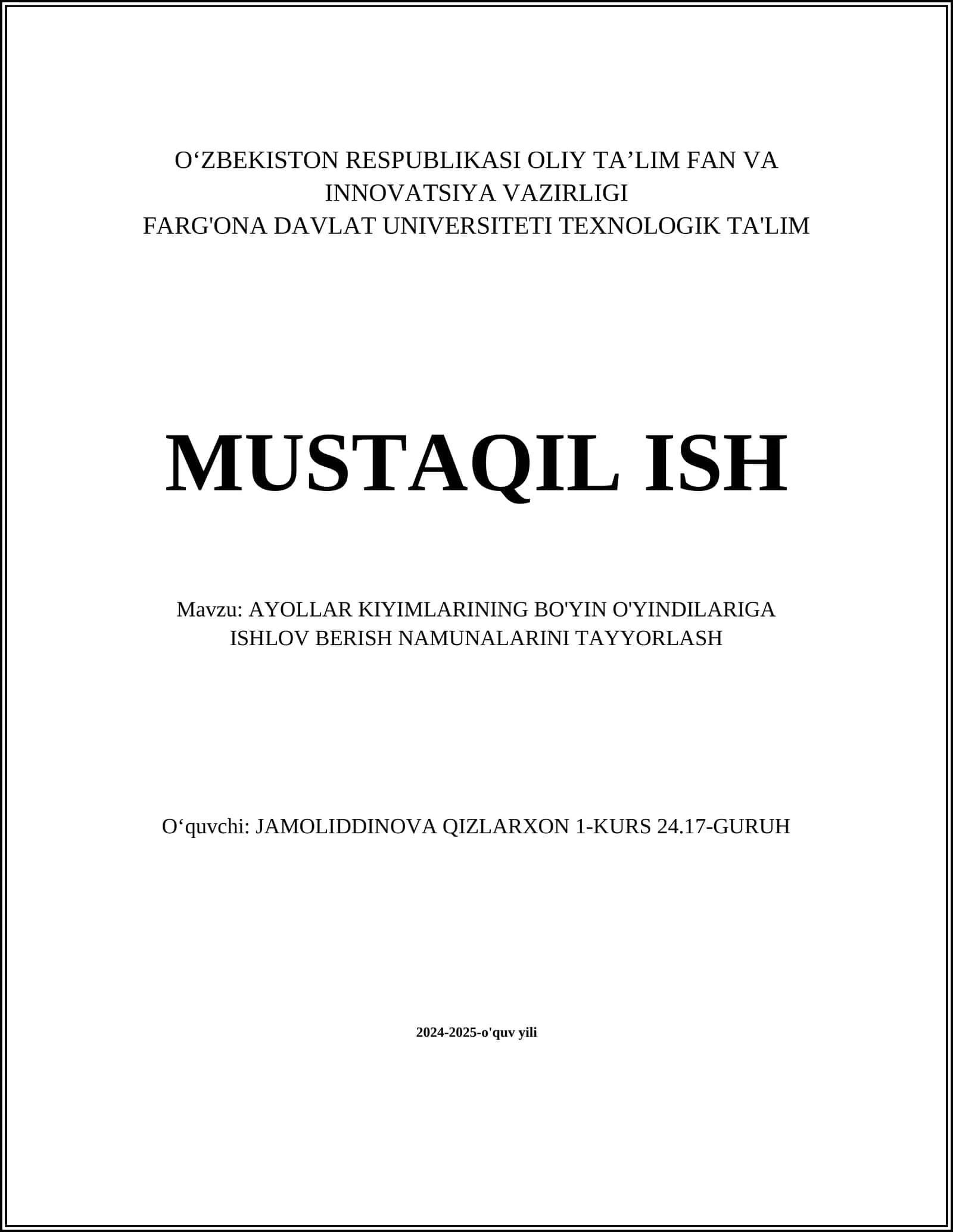 AYOLLAR KIYIMLARINING BO'YIN O'YINDILARIGA ISHLOV BERISH NAMUNALARINI TAYYORLASH 1