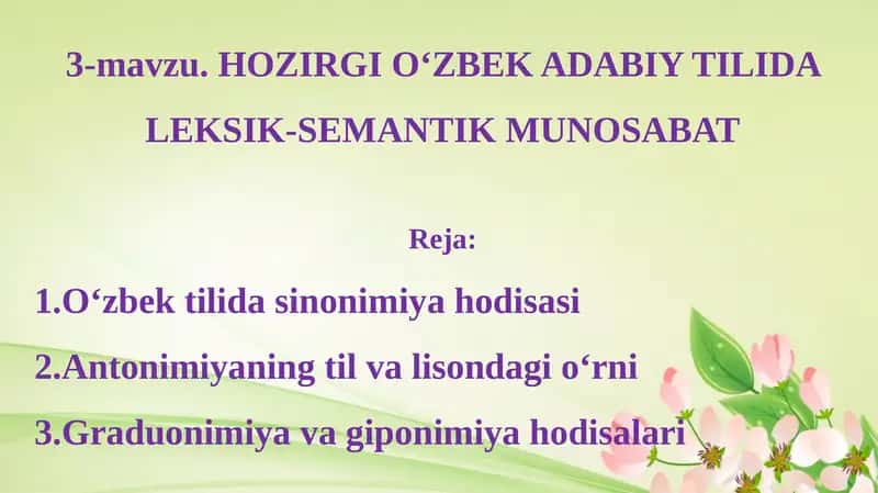 HOZIRGI O‘ZBEK ADABIY TILIDA LEKSIK-SEMANTIK MUNOSABAT 1