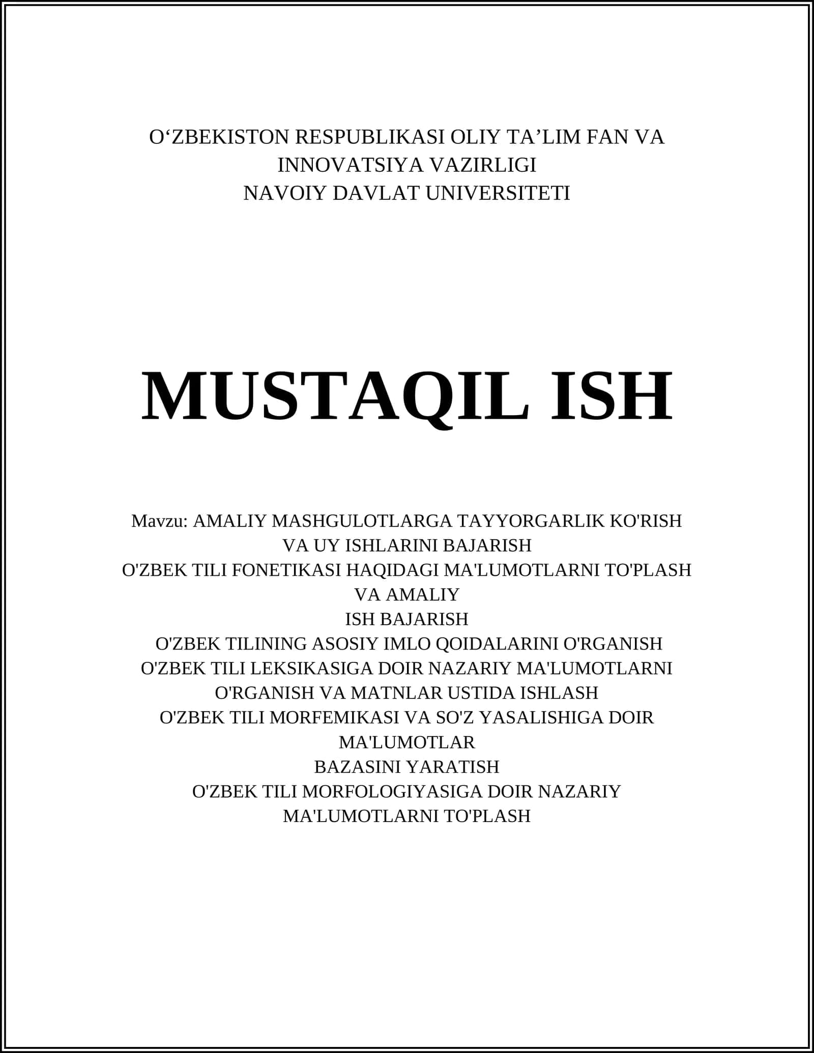 AMALIY MASHGULOTLARGA TAYYORGARLIK KO'RISH VA UY ISHLARINI BAJARISH 1