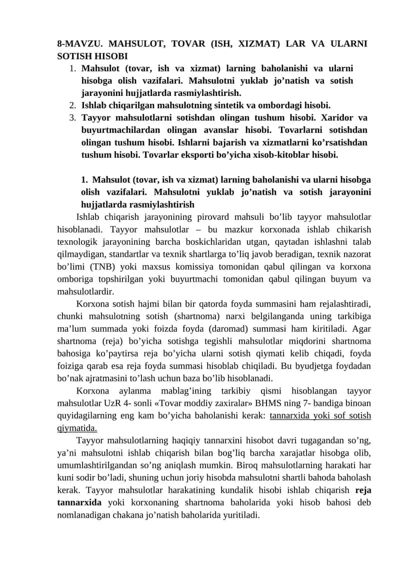 Mahsulot, Tovar (Ish, Xizmat)lar va Ularni Sotish Hisobi 1