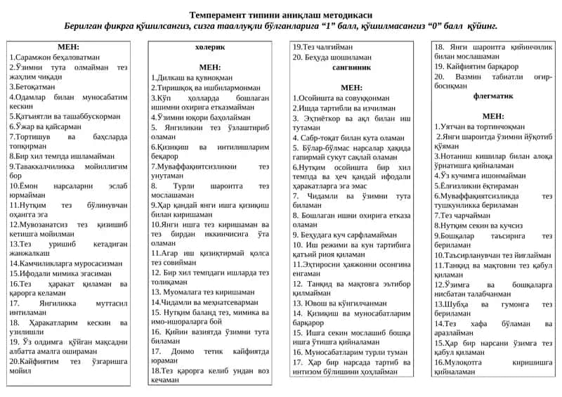 Темперамент типини аниқлаш методикаси 1