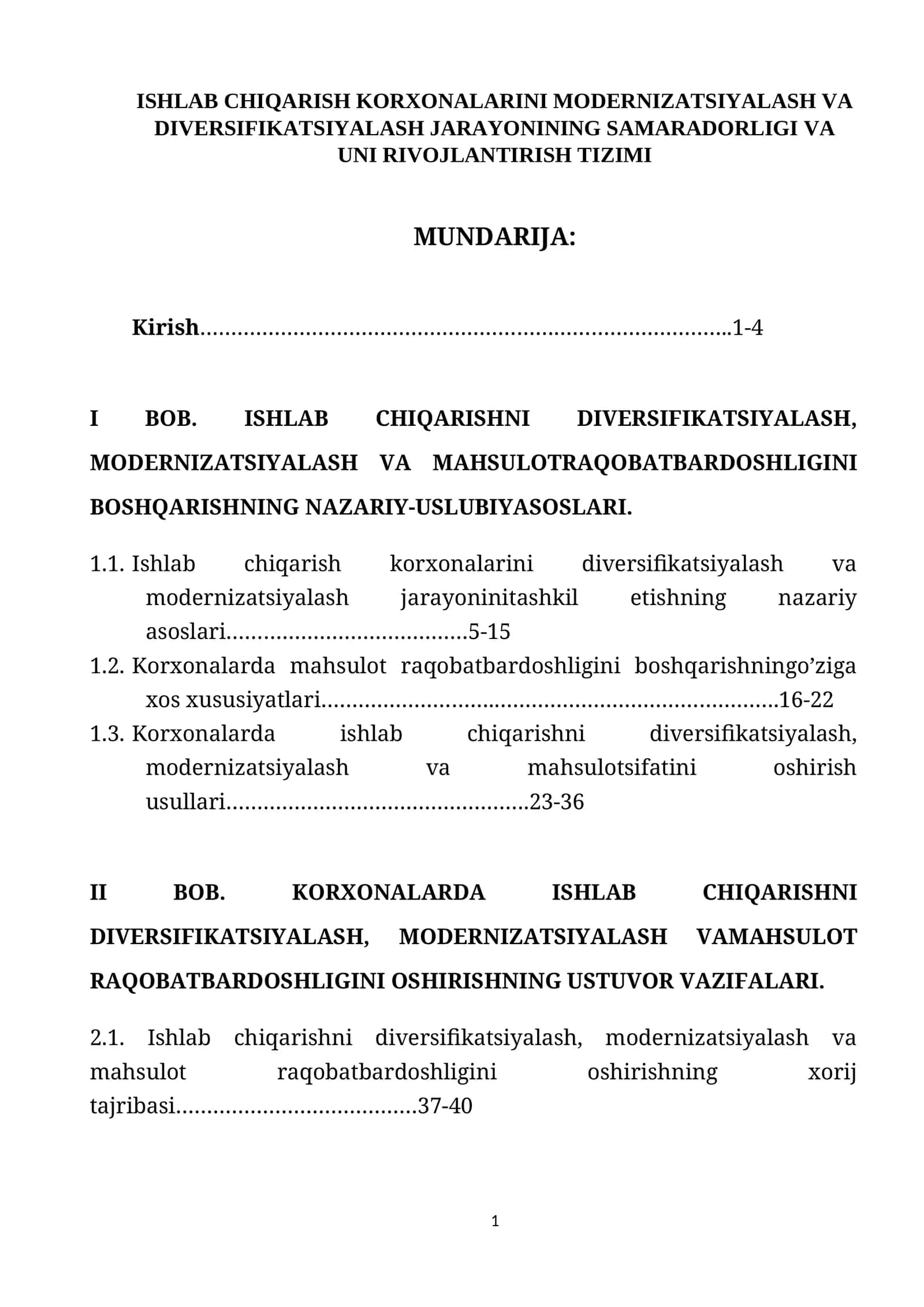 ISHLAB CHIQARISH KORXONALARINI MODERNIZATSIYALASH VA DIVERSIFIKATSIYALASH JARAYONINING SAMARADORLIGI VA UNI RIVOJLANTIRISH TIZIMI 1