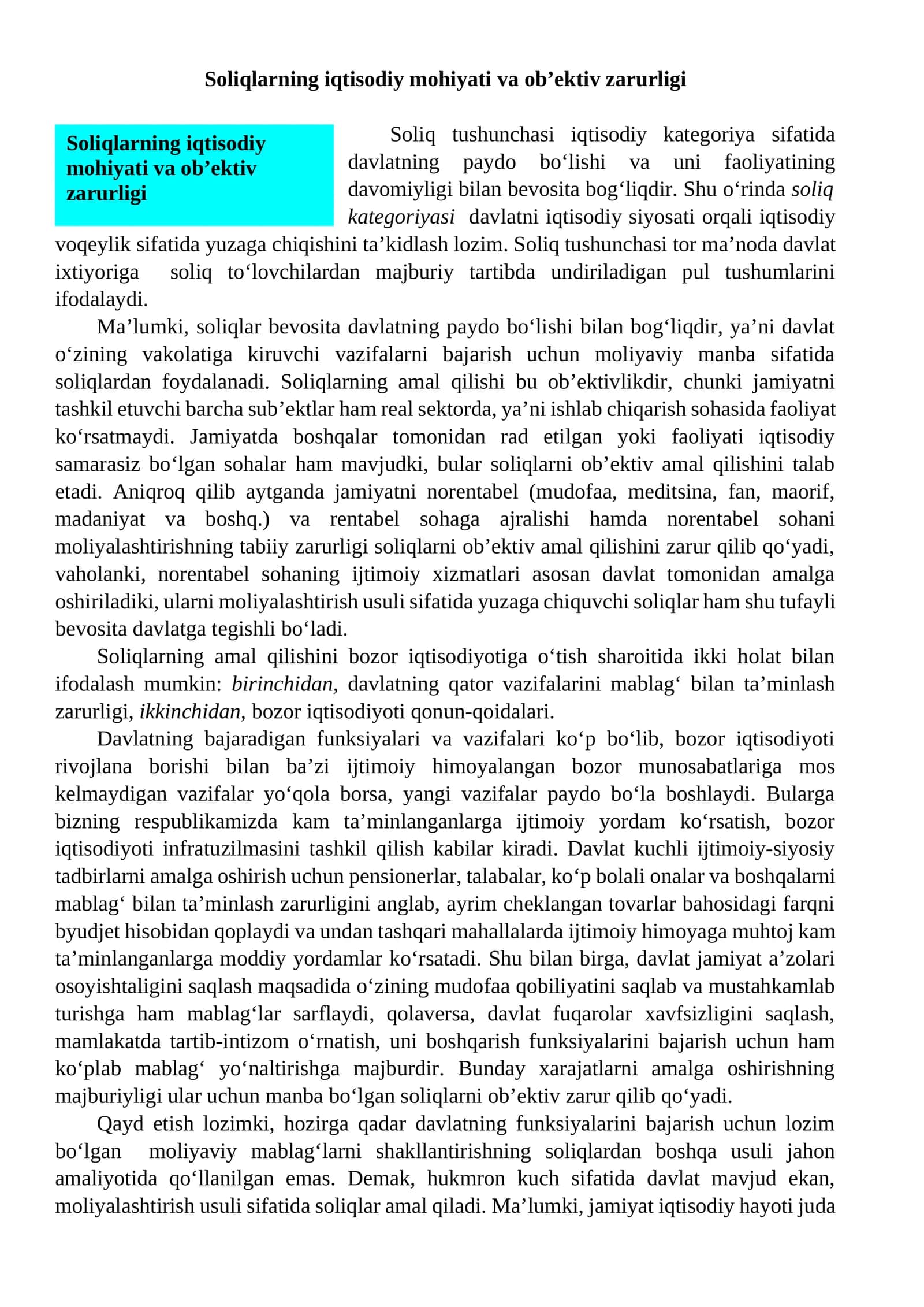 Soliqlarning iqtisodiy mohiyati va ob’ektiv zarurligi 1
