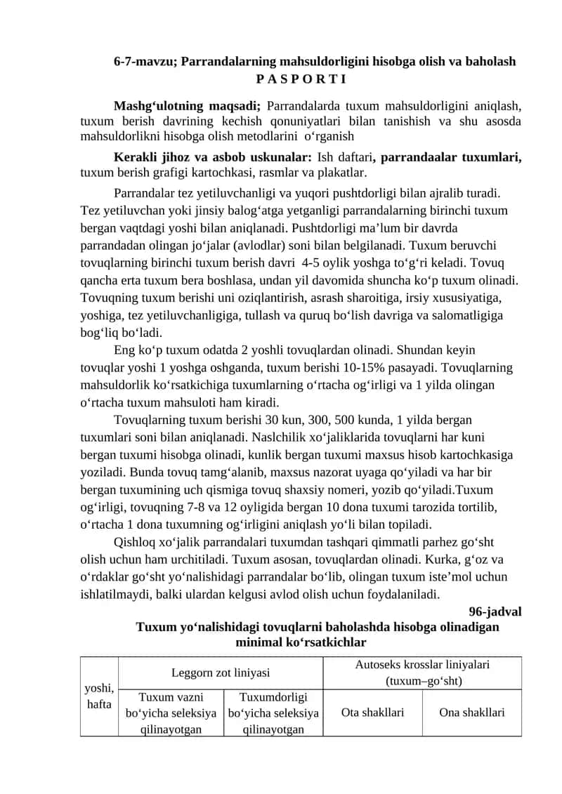 Parrandalarning mahsuldorligini hisobga olish va baholash 1