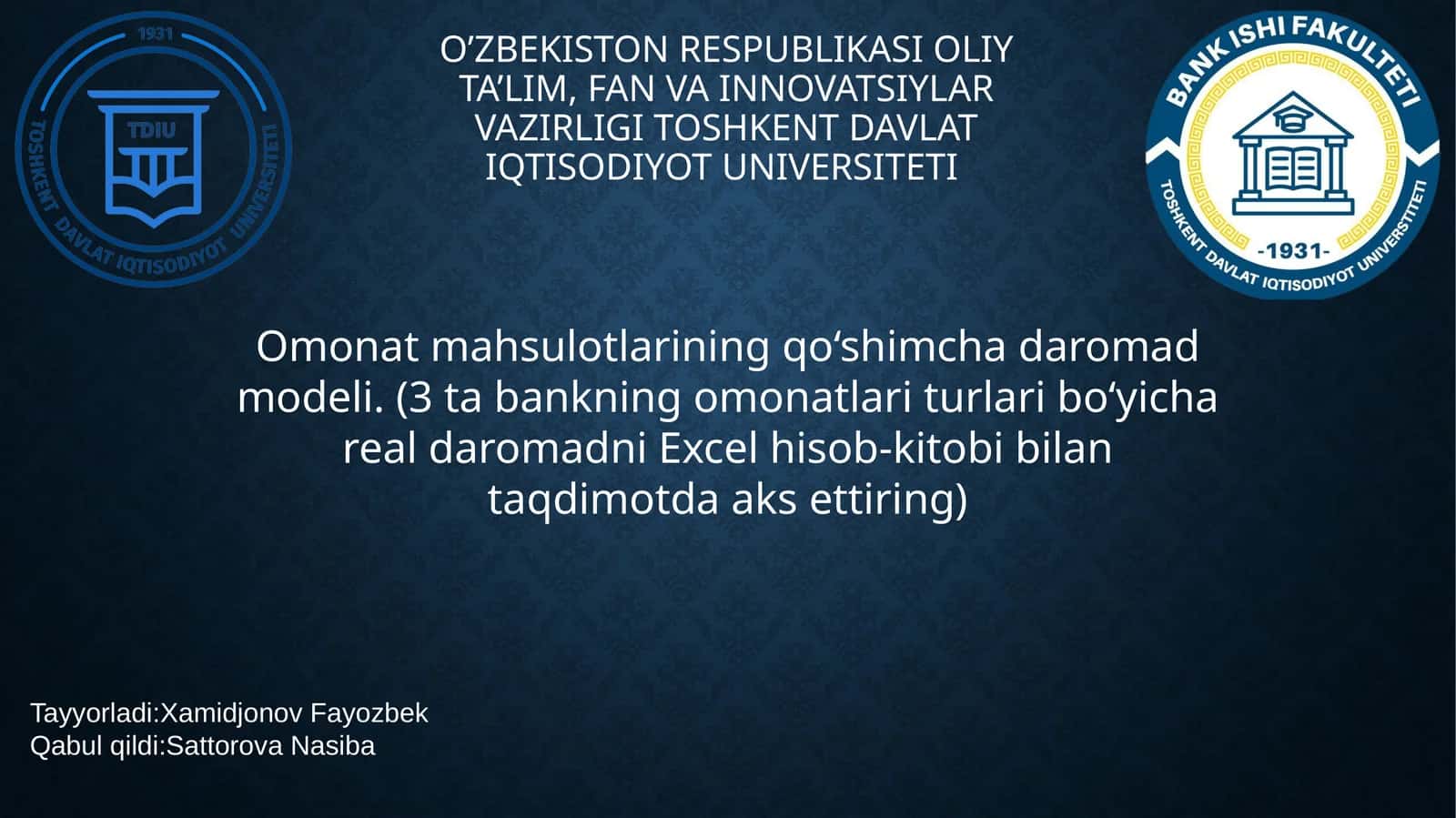 Omonat mahsulotlarining qo‘shimcha daromad modeli. (3 ta bankning omonatlari turlari bo‘yicha real daromadni Excel hisob-kitobi bilan taqdimotda aks ettiring) 1