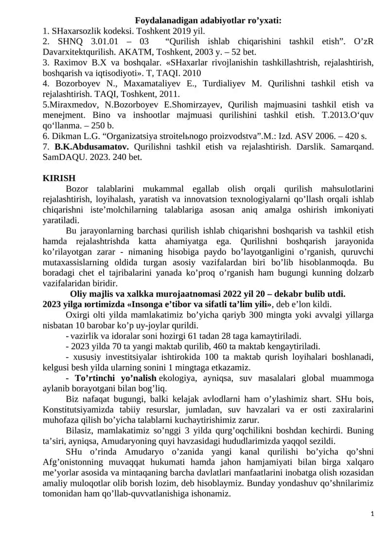 Qurilish majmuasini tashkil etish va menejment 1