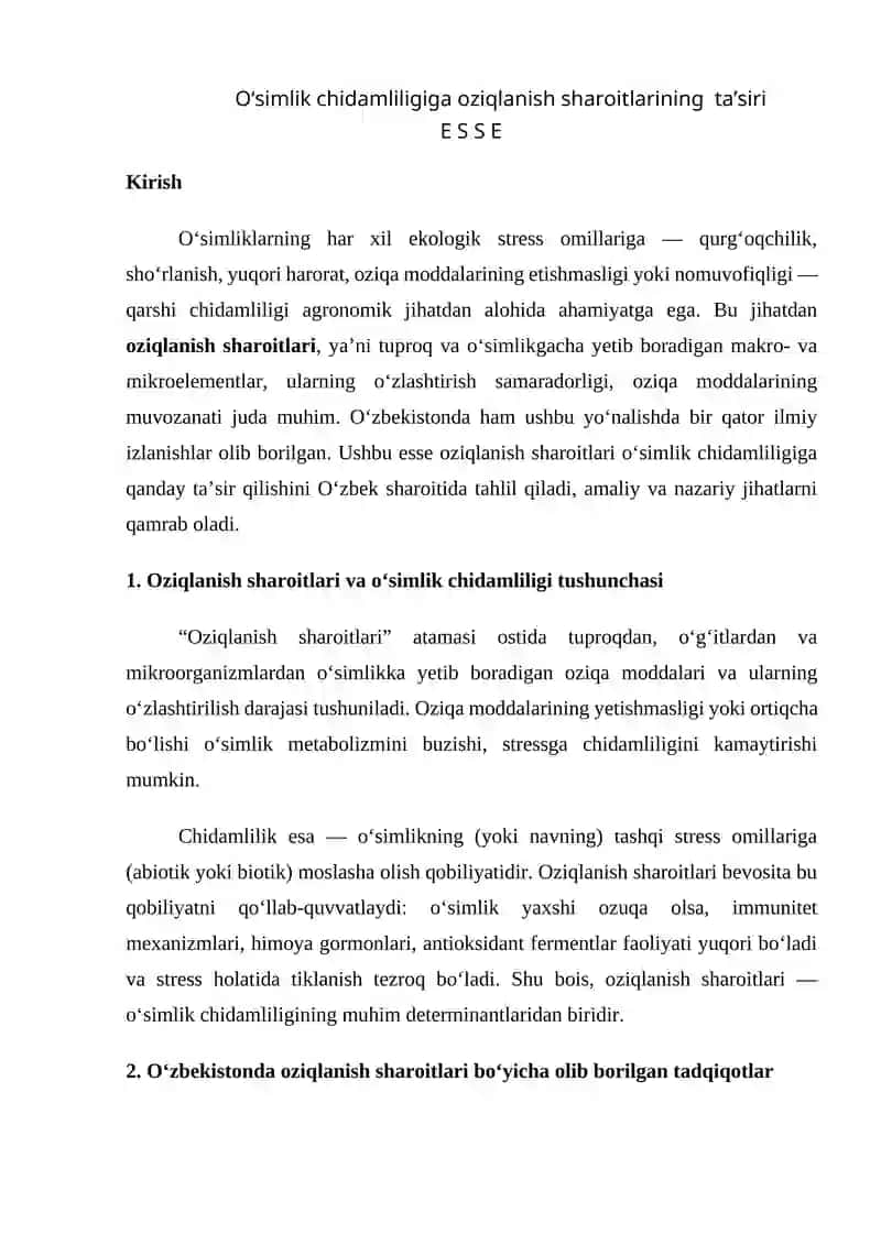 O‘simlik chidamliligiga oziqlanish sharoitlarining  ta’siri E S S E
