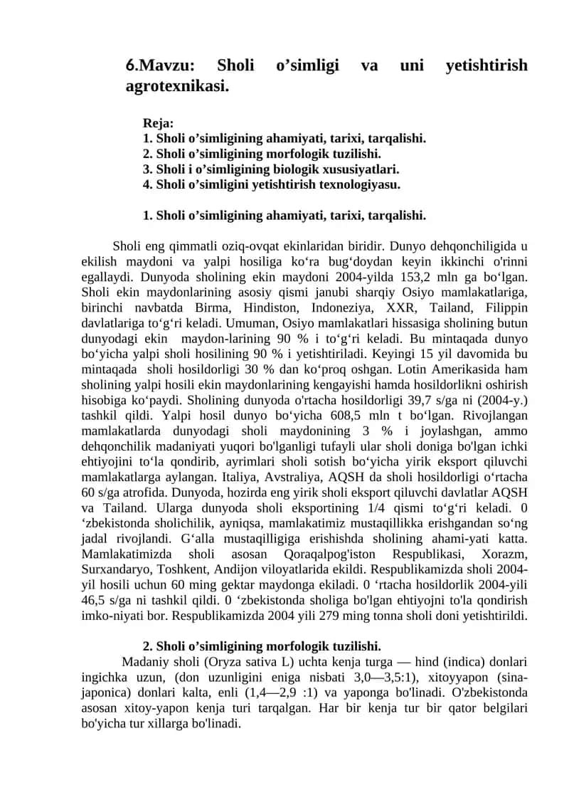 Sholi o’simligi va uni yetishtirish agrotexnikasi 1