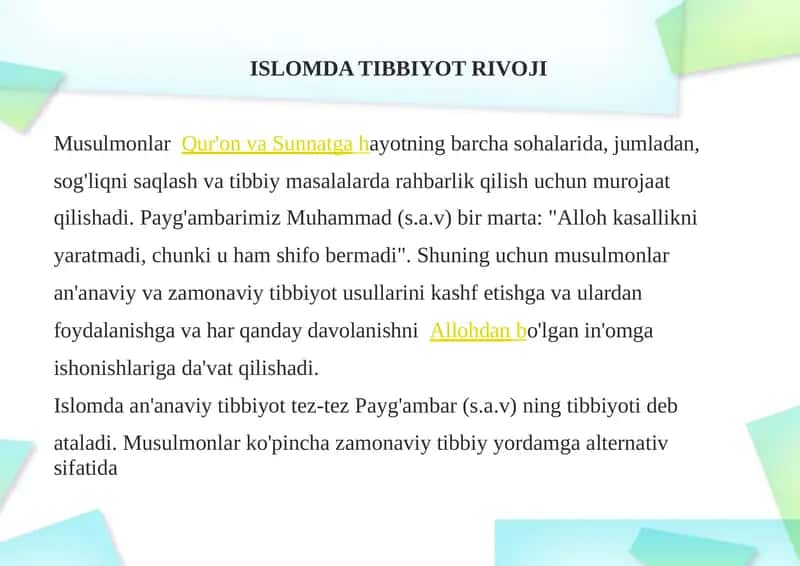 ISLOMDA TIBBIYOT RIVOJI 1