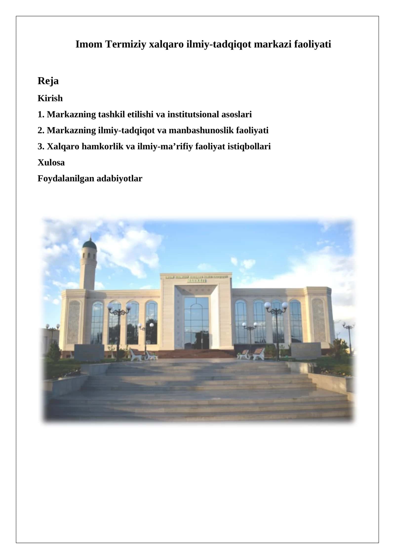 Imom Termiziy xalqaro ilmiy-tadqiqot markazi faoliyati 1