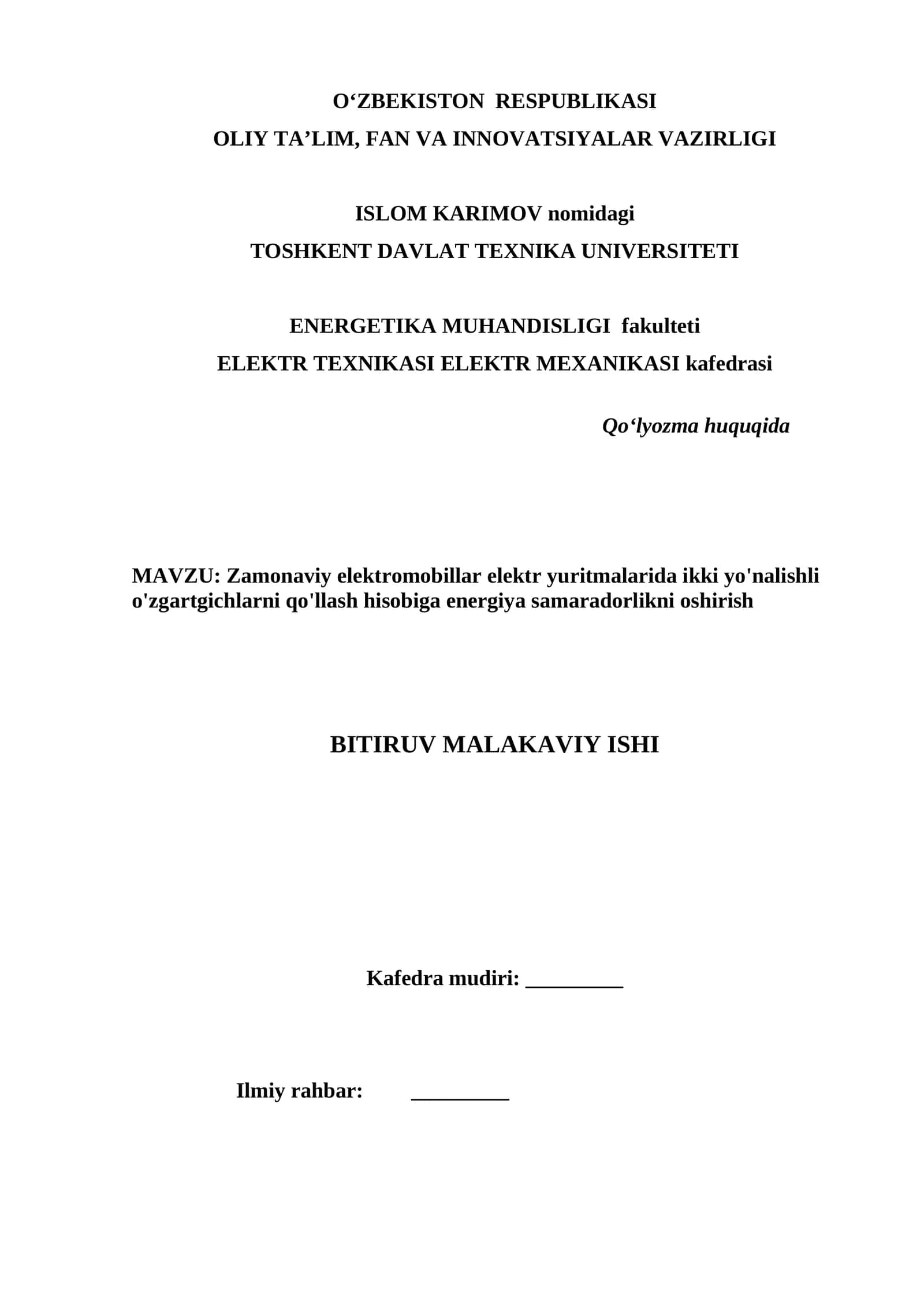 Zamonaviy elektromobillar elektr yuritmalarida ikki yo'nalishli o'zgartgichlarni qo'llash hisobiga energiya samaradorlikni oshirish 1