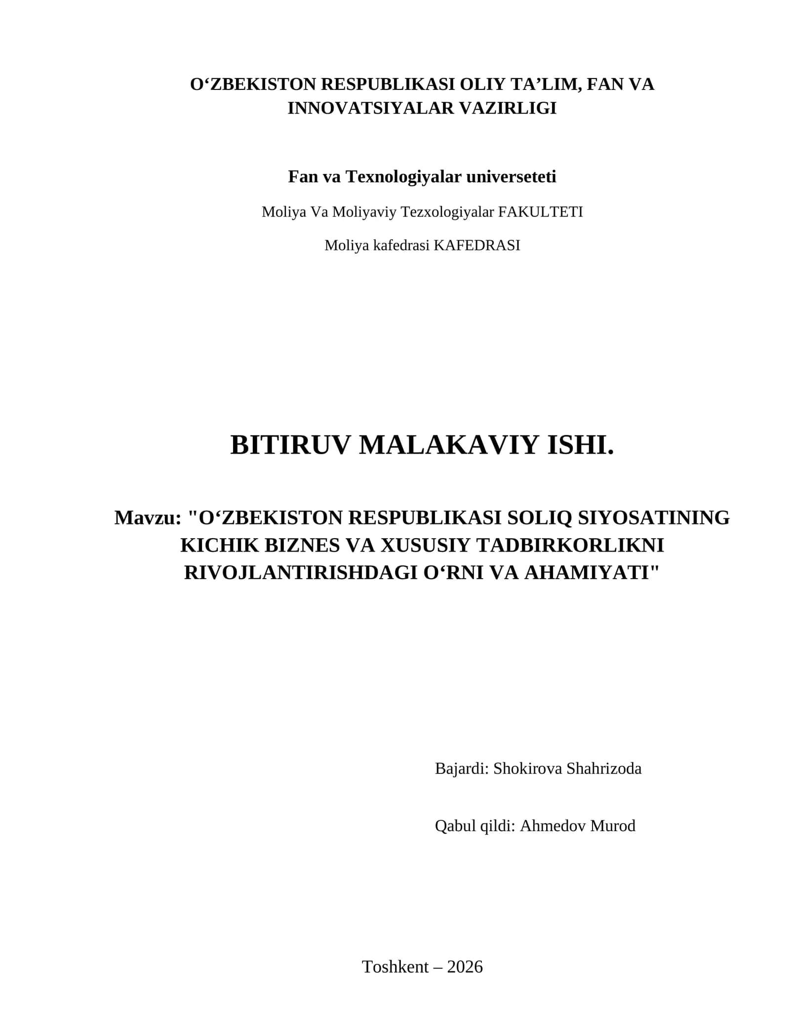 O‘zbekiston Respublikası soliq siyosatining kichik biznes va xususiy tadbirkorlikni rivojlantirishdagi o‘rni va ahamiyati 1