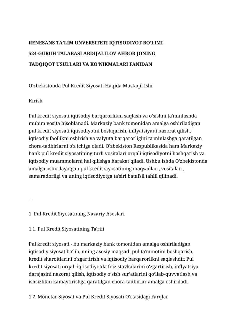 Pul Kredit Siyosati Haqida Mustaqil Ishi 1