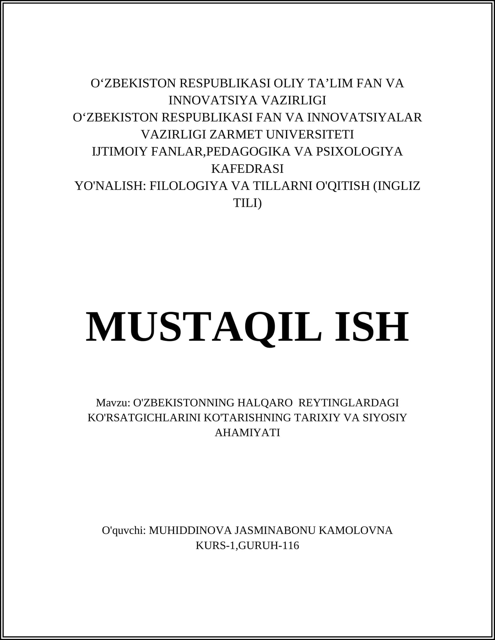 O'ZBEKISTONNING HALQARO REYTINGLARDAGI KO'RSATGICHLARINI KO'TARISHNING TARIXIY VA SIYOSIY AHAMIYATI 1