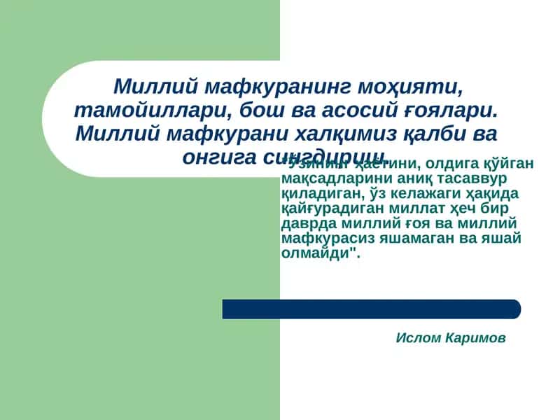 Milliy mafkuraning mohiyati, tamoyillari, bosh va asosiy g'oyalari. Milliy mafkurani xalqimiz qalbi va ongiga singdirish. 1