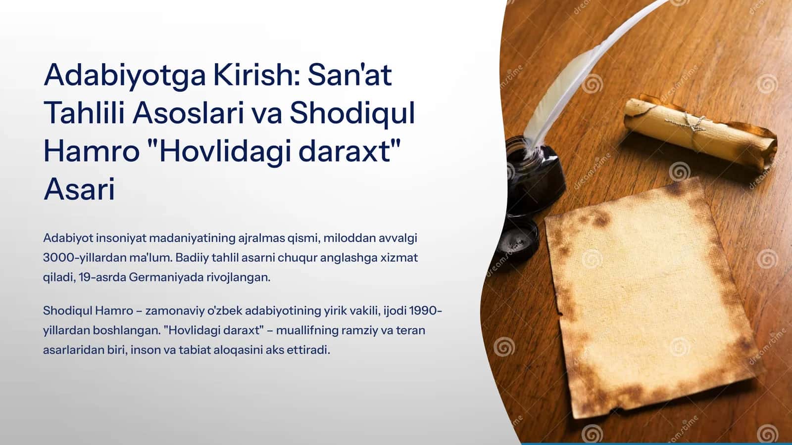 Adabiyotga Kirish: San'at Tahlili Asoslari va Shodiqul Hamro "Hovlidagi daraxt" Asari 1