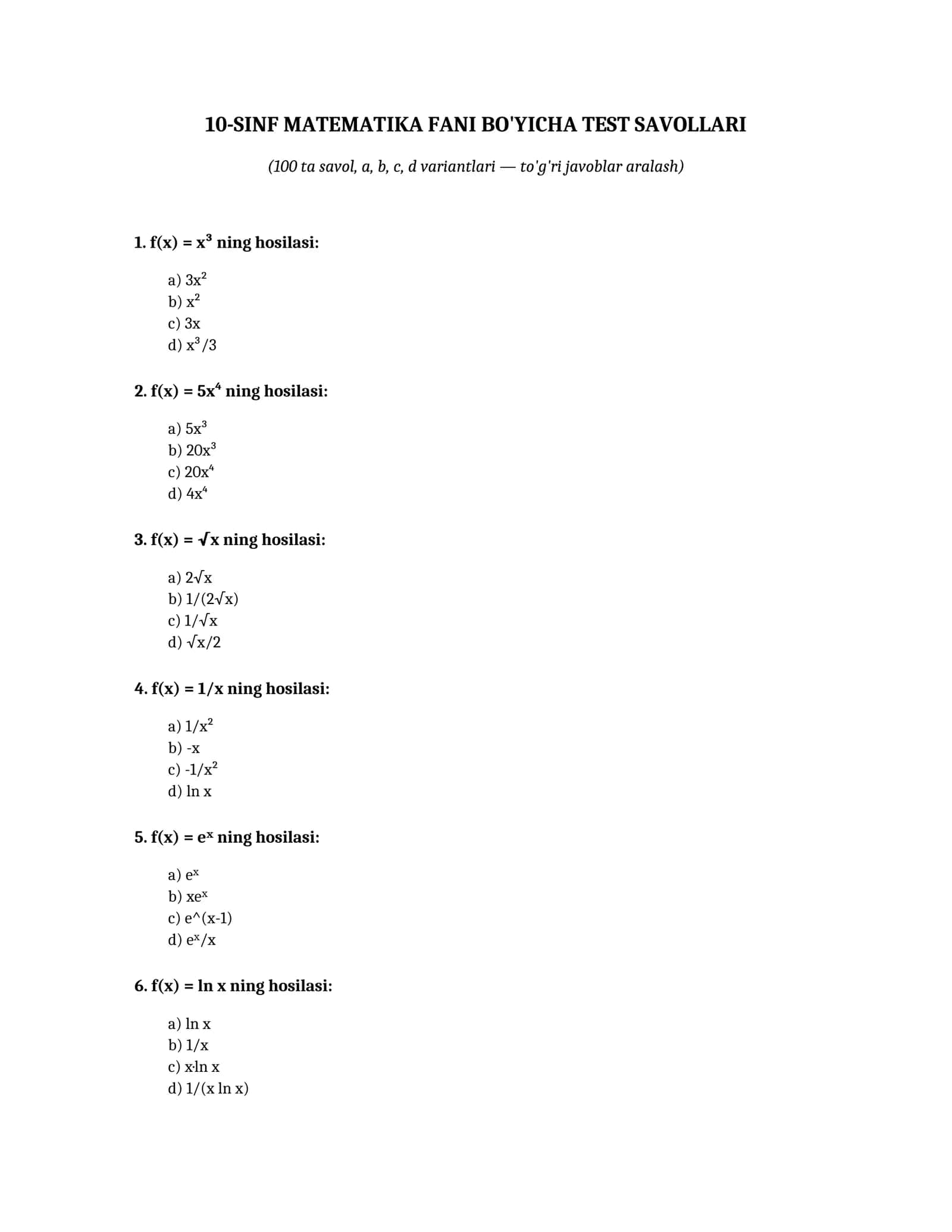 10-SINF MATEMATIKA FANI BO'YICHA TEST SAVOLLARI 1