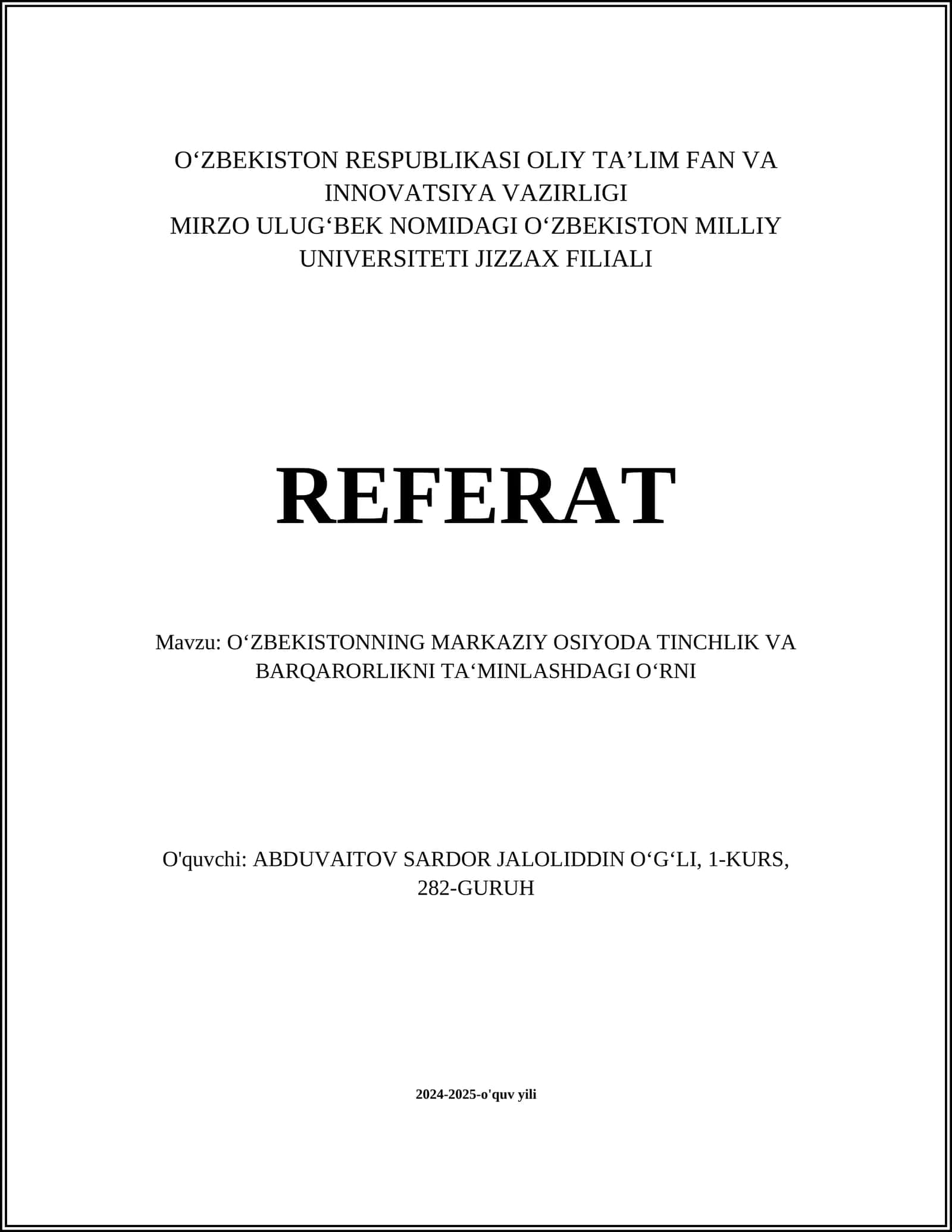 O‘zbekistonning Markaziy Osiyoda Tinchlik va Barqarorlikni Ta‘minlashdagi O‘rni 1