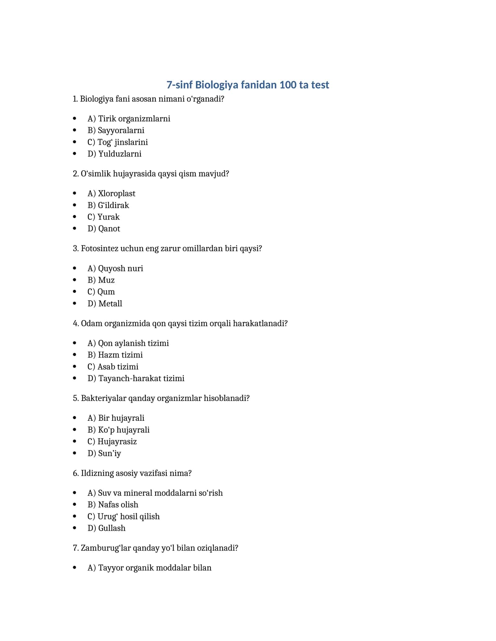 7-sinf Biologiya fanidan 100 ta test 1