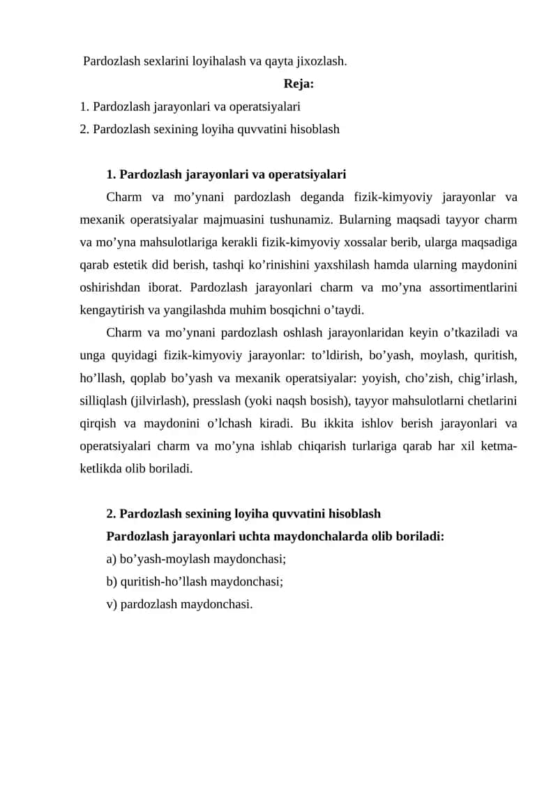 Pardozlash sexlarini loyihalash va qayta jixozlash 1
