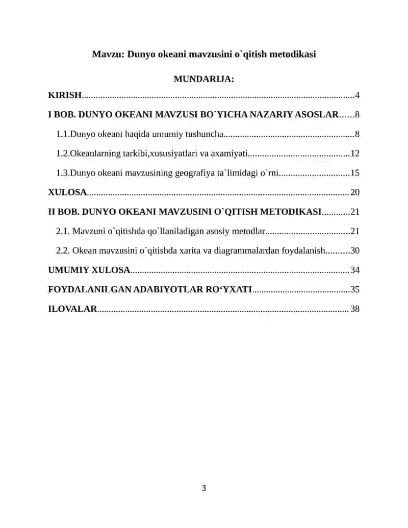 Dunyo okeani mavzusini o`qitish metodikasi