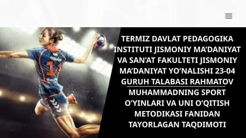 GANDBOL O'YINIDA HUJUM VA HIMOYA HARAKATLARINI O'RGATISH METODIKASI 1